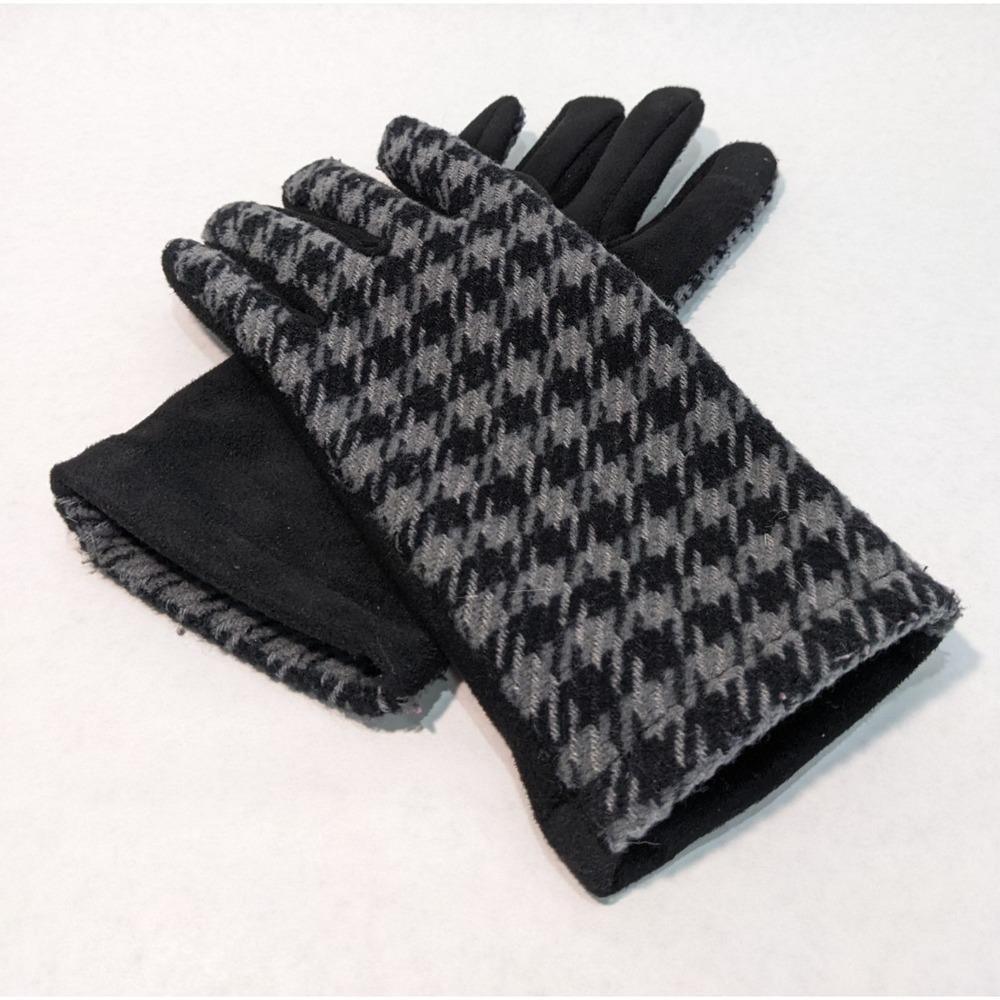 Crane Ladies Black Gray Houndstooth Winter Gloves Size L Stretch Fleece Lining